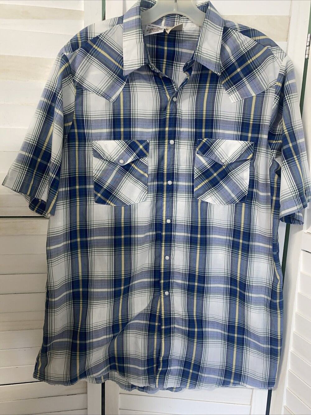 VTG Western Frontier Men's Shirt Blue Plaid Pearl Snap 2 Pocket Short Sleeve LRG